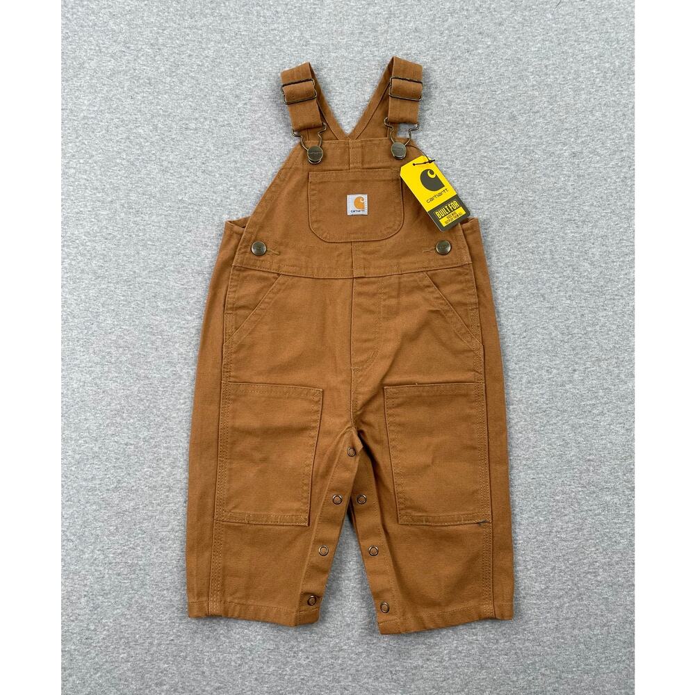 Carhartt Baby Canvas Bib Overalls 6M Brown 100% Cotton Leg Snaps Pocket Patch